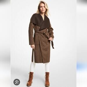 Michael Kors Wool Blend Logo Jacquard Wrap Belted Coat Chocolate Brown Size XS